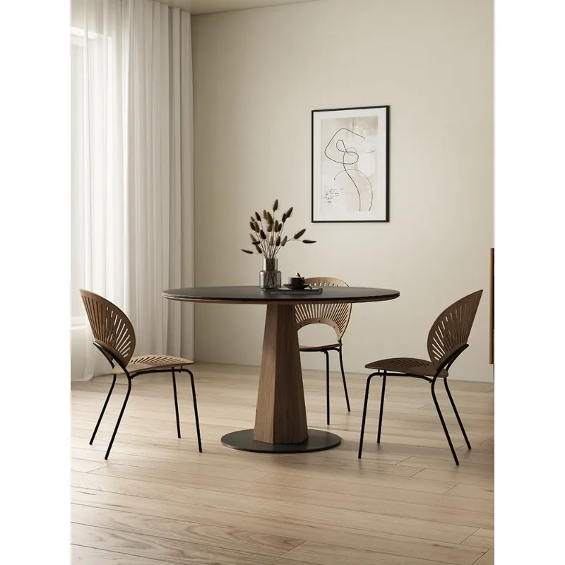 طاولة طعام مستديرة من الخشب الصلب، شقة صغيرة بسيطة، طاولة مستديرة سوداء نقية، جوز أسود قديم #3