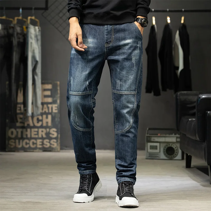 

New autumn and winter models Men's dark blue jeans Elastic splicing straight slim jeans for men Large size 28-44