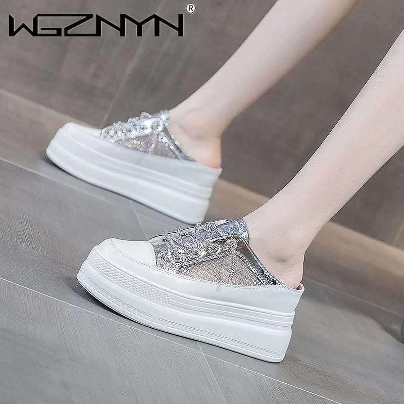 NEW Luxury Genuine Leather Breathable Mesh Summer Slippers Platform Wedge Shoes Chunky Sneaker White Casual Comfortable Sandals