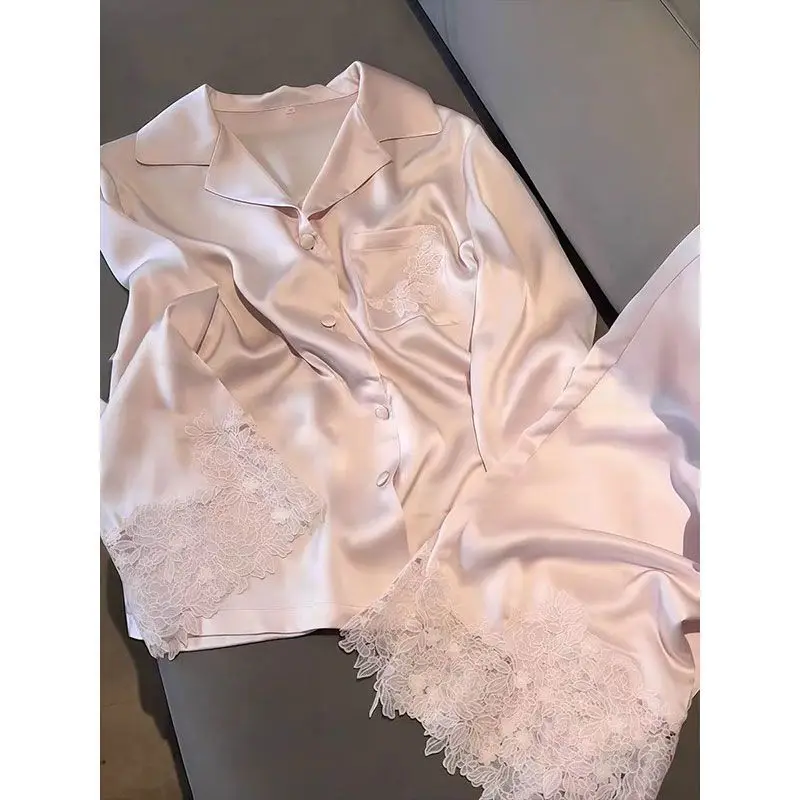 

New High Beauty Ice Silk Pajamas For Women In Spring And Autumn, Long Sleeve Sweet Lace Edge Girls' Home Furnishing Set