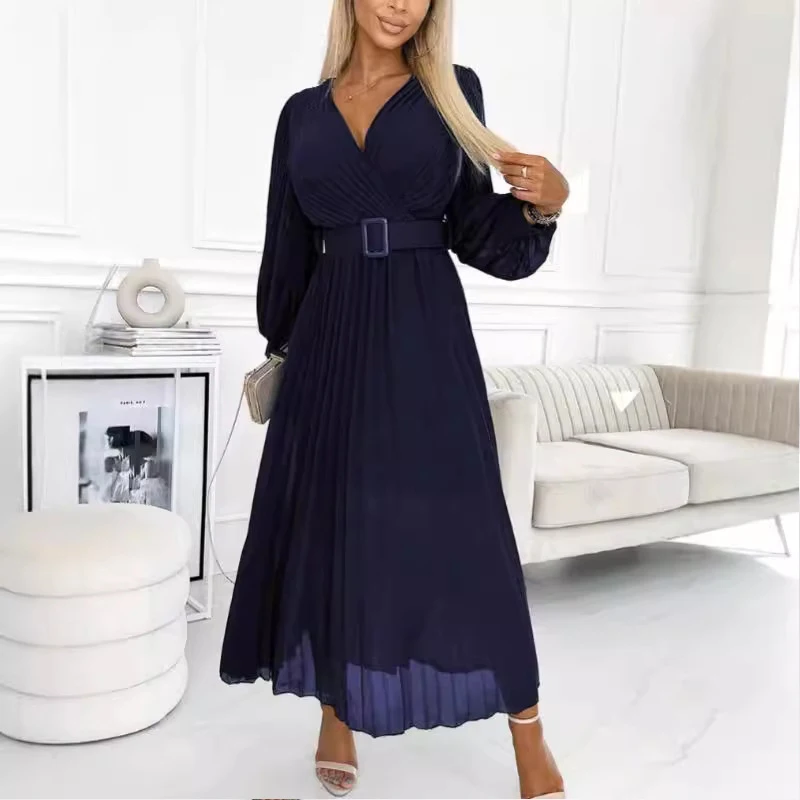 Autumn Temperament Commute Slim Dress Elegant V Neck High Waist Long Party Dress Women Solid Color Vacation Pleat Chiffon Dress