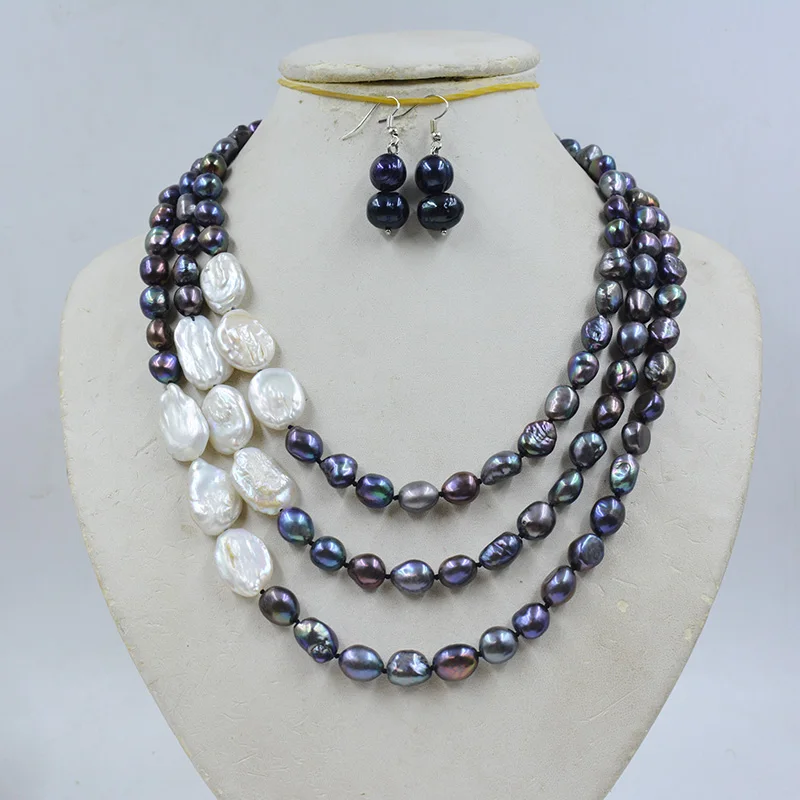 

Fashionable and elegant. 9mm 3-row natural black/white Baroque pearls. Design the most classic women's necklace and earring set