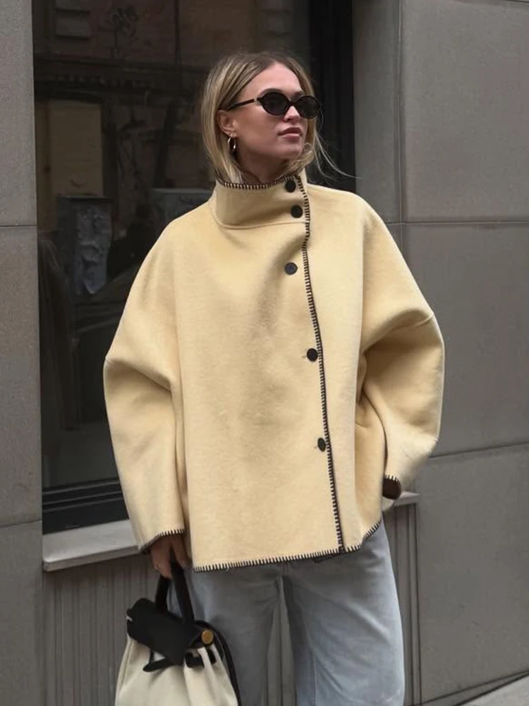 

HH Women Autumn Turtleneck Long Sleeve Jacket Fashion Loose Jackets Long Sleeves Single-Breasted Solid Coat Female Casual Jacket