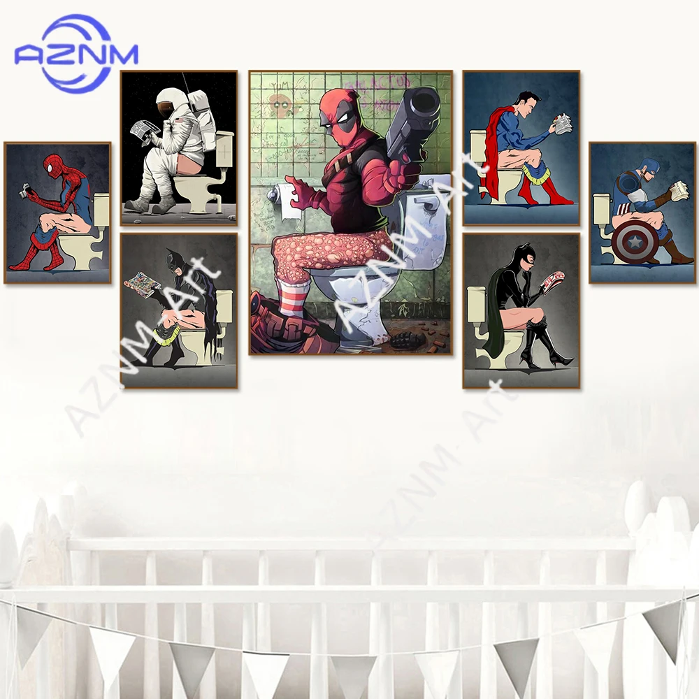 Canvas Painting Marvel Comics Avengers Funny Spiderman Deadpool Captain America Superhero Read Magazine In The Toilet Home Decor