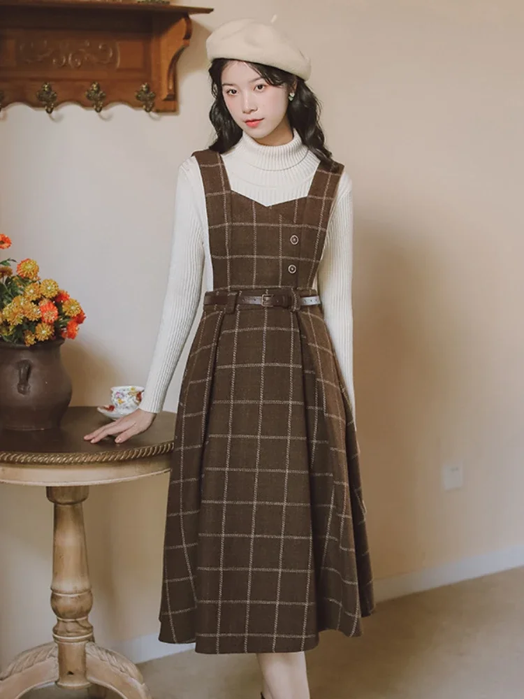 2024 Vintage Korean Two Piece Set Dress Women Autumn Winter Plaid Woolen Spaghetti Strap Dress With Belt Long Sundress Vestidos