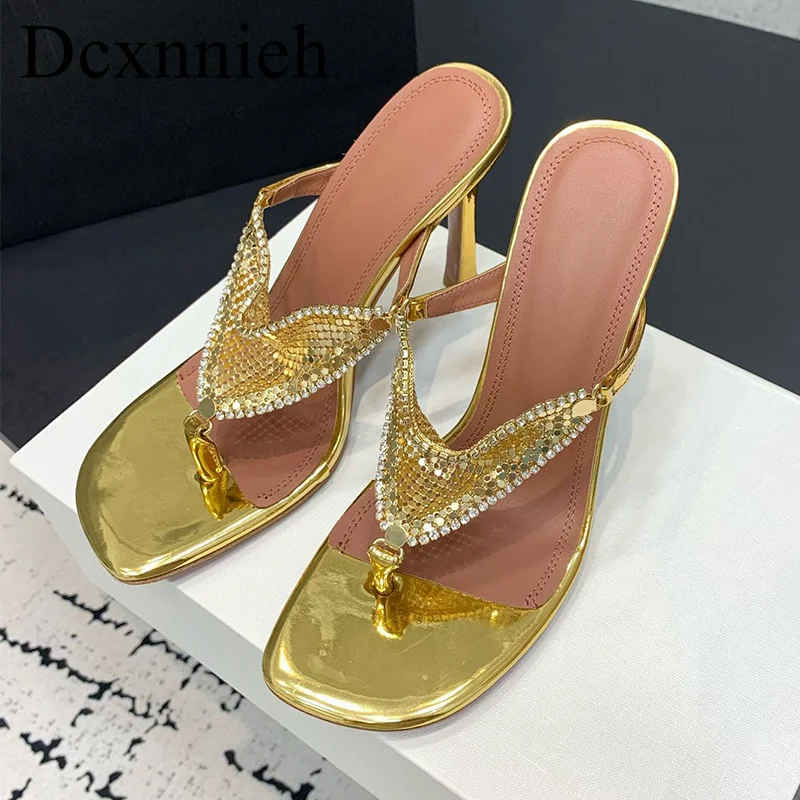 

New Flip Flops Thin Heel Slippers Women's Rhinestone Decor High Heels Sandals Summer Outdoor Dress Shoes Pumps Banquet Shoes