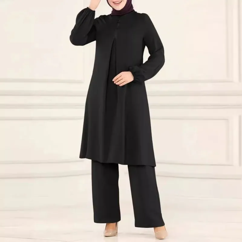 Muzułmański damski zestaw: koszula z długim rękawem i spodnie z cekinami, okrągły dekolt, styl casual, moda Bliskiego Wschodu, wiosna-jesień, nowość.