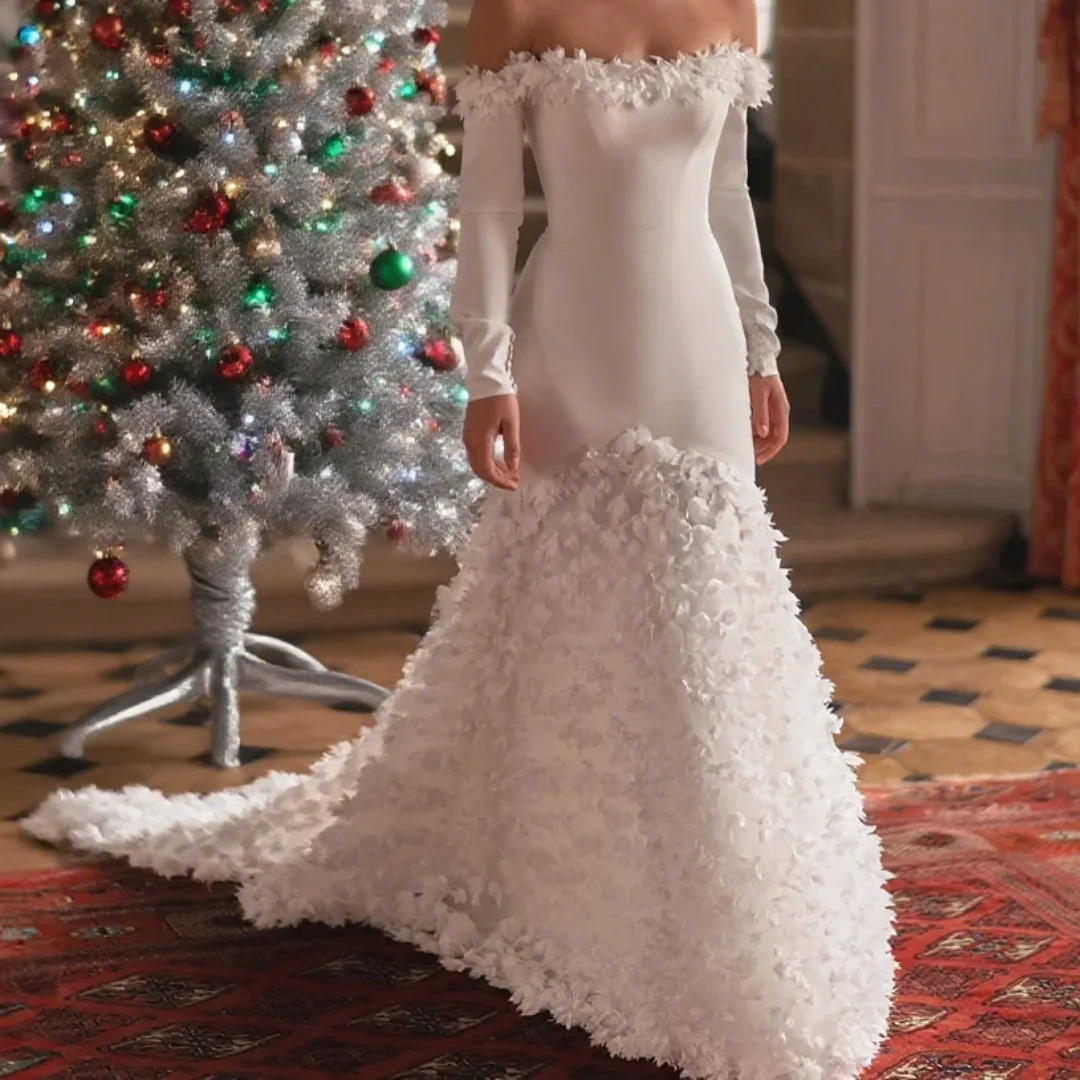

Mermaid Silk Wedding Dress Off-the-Shoulder Long-Sleeve Elegant Bridal Gown Elegant Appliques Evening Bridal Dress Customized