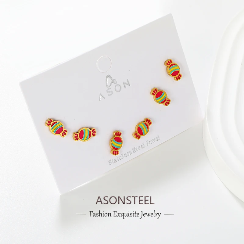 ASONSTEEL 3Pairs/Lot Sweet Colorful Candy Shape Jewelry Set Stud Earrings Stainless Steel For Women Celebrate Halloween Jewelry