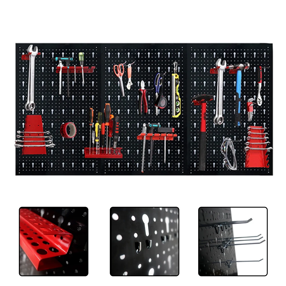 Sistema di stoccaggio a parete con pannelli forati in metallo, 3 pannelli perforati 120×60×2 cm con 17 ganci, organizer da parete con fori per utensili, ideale per officine e magazzini.