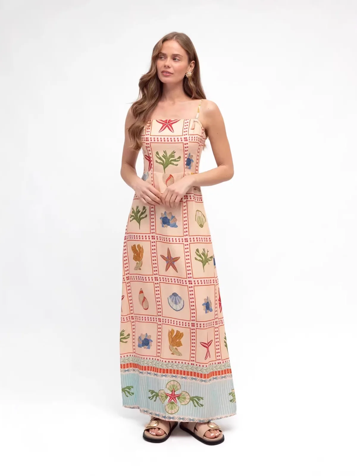 Retro Heavyweight Print Vacation Style Linen Slimming Strap Loose Dress Women's Cleanfit mid Waist No Brand Registered ...