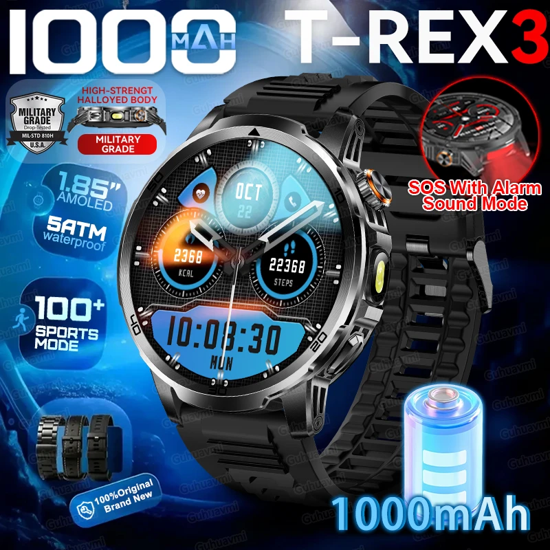 

2026 T-Rex 3 Military Grade 1000mAh Battery Smart Watch IP68 Waterproof GPS Bluetooth Call 1.85"AMOLED Screen Sports Smart Watch