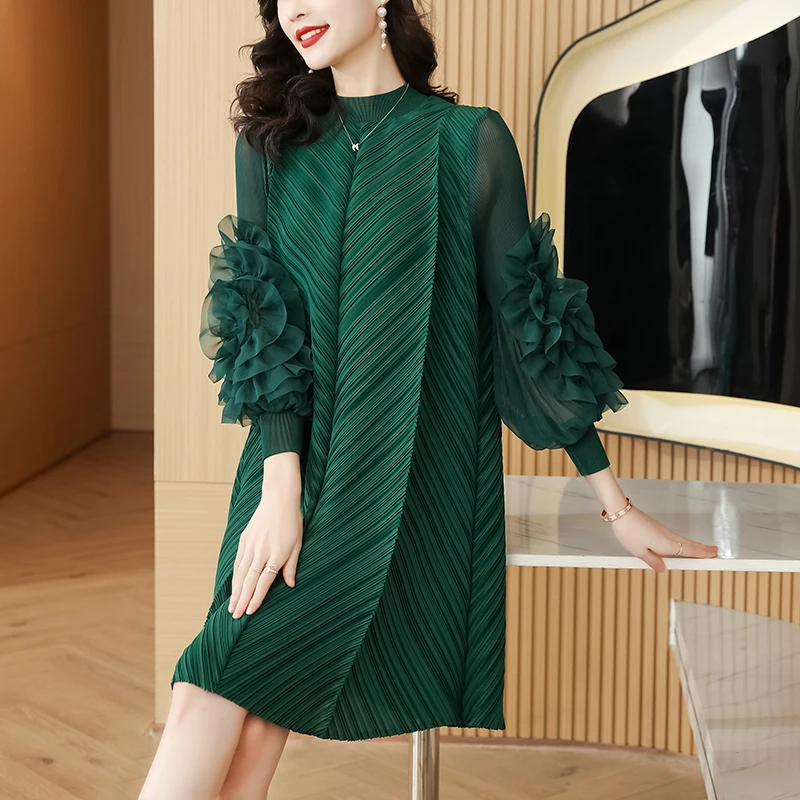 

2023 Early Spring Summer Fashion Women Pleated Midi Dress Ruffles Mesh Long Sleeve Half Turtleneck Vintage Eelgant Loose Dresses