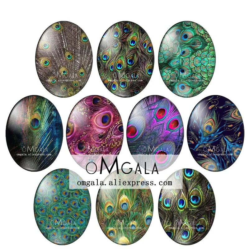 Fashion Peacock Feather Patterns 13x18mm/18x25mm/30x40mm Oval photo glass cabochon flat back Making findings