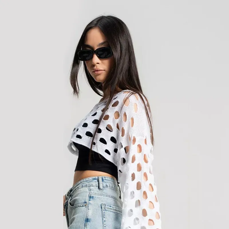 Top de Punto de Moda para Mujer, Manga Larga, Cuello Redondo Calado, Color Puro, Estilo Casual, Tejido Fino de Longitud Media...