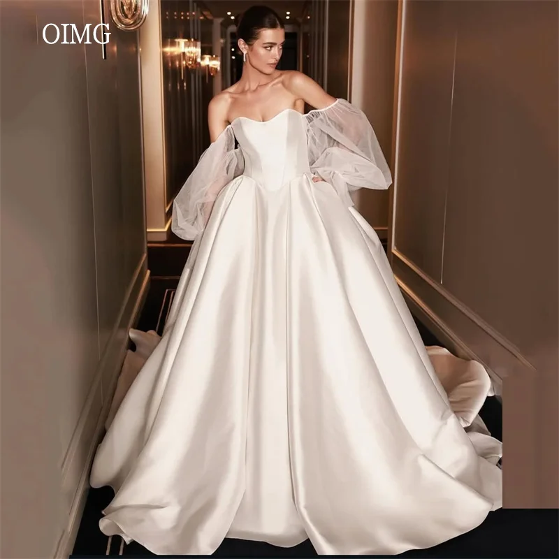 

OIMG Modern Satin Off The Shoulder A Line Wedding Dress Lantern Sleeves Tail Bride Dresses Floor Length Wedding Gowns Customized