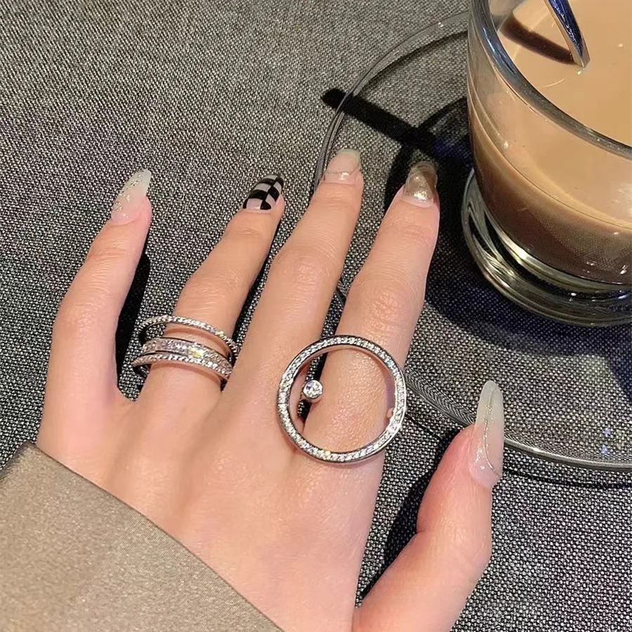 Korean Original Design Luxury Zircon Geometric Adjustable Rings for Women Ins New Fashion Index Ring Girl Party Jewelry Gift