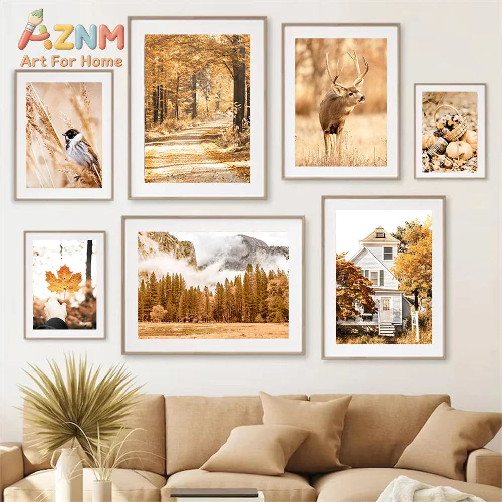 AZNM Neutral Autumn Fall Canvas Wall Art Golden Forest Deer Maple Leaf Mountain Cottage Nature Scenery Unframed Canvas Home Deco