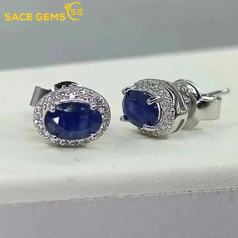 SACE GEMS Fashion Jewelry Earrings for Women 100% 925 Sterling Silver Natual Sapphire Stud Earrings Wedding Party Fine Jewelry