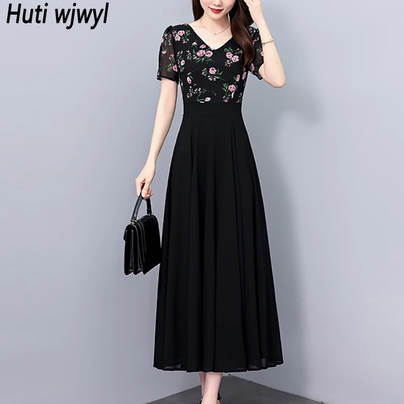 Letnia sukienka szyfonowa w kwiaty, elegancka, dopasowana, wyszczuplająca w talii, w stylu vintage, czarna, długa sukienka na imprezę, wieczór, Vestidos, nowość na lato 2025.