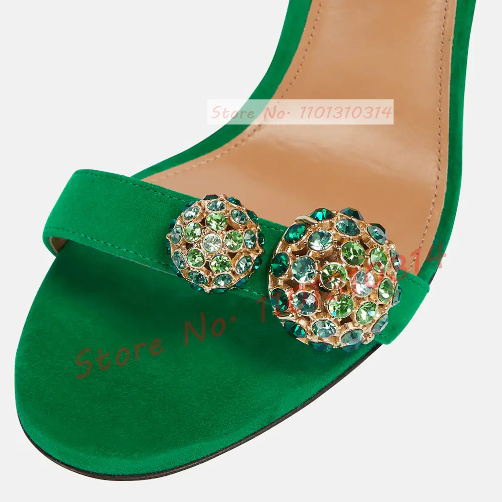 Green Gems sandali con cinturino posteriore donna Open Toe cristallo iridescente scarpe con tacco alto in pelle scamosciata estate donna Verzierte