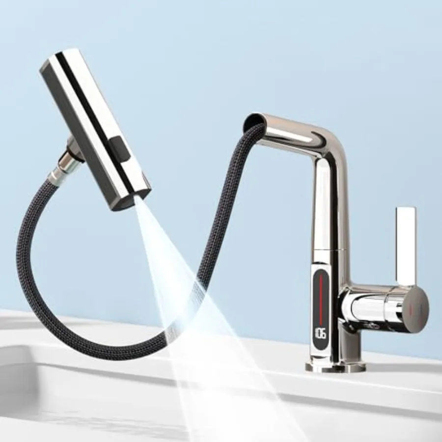 

Bathroom Sink Faucet 1 Hole with Temperature Display, Single Hole Rotatable Bathroom Faucet with Pull Out Sprayer, Modern Pull