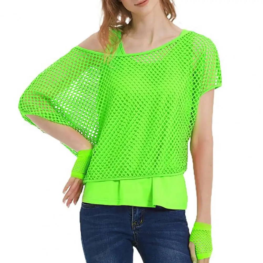 80s Mesh Shirt Vest Set Women Mesh Top Vest Set Bright Color O-Neck Short Sleeve Mesh Cropped Tops Racerback Pullover Vest Set