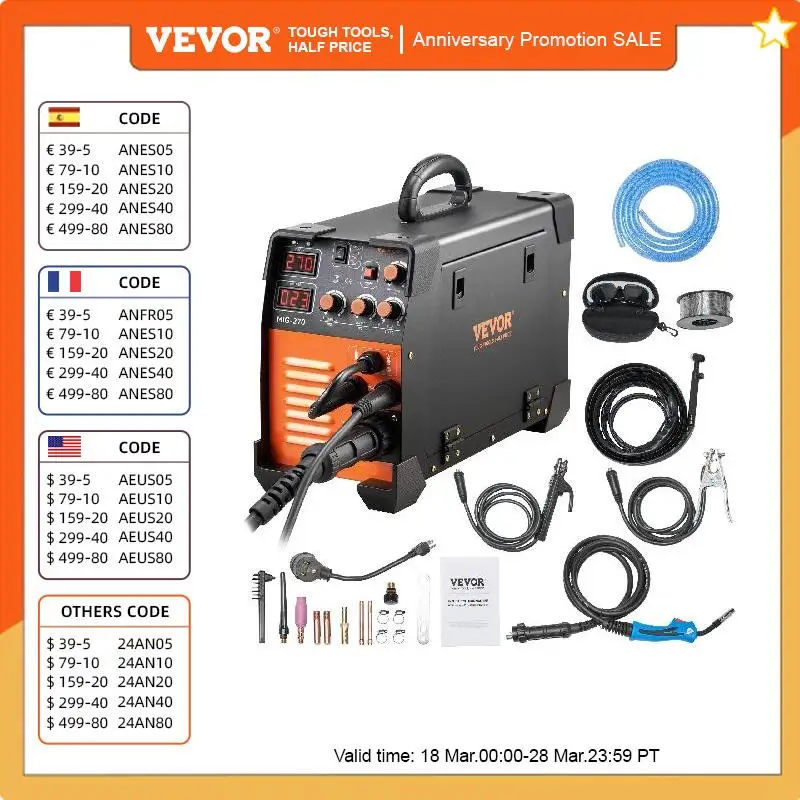 VEVOR Mig Welder Welding Machine 270A MIG MMA TIG 3 In 1 Welder Combo 110V/220V Iron Stairs Metal Cages Square Tubes Sheet Metal