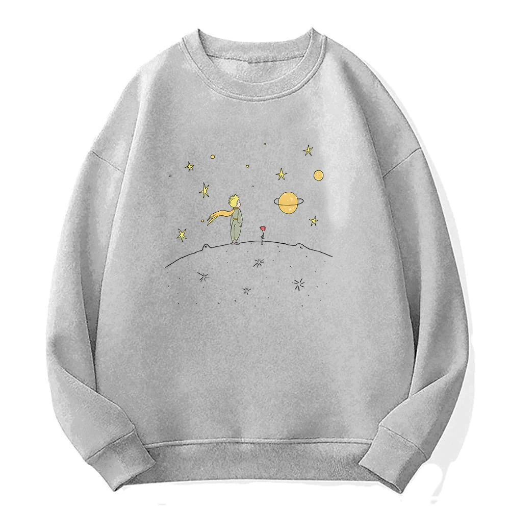 The Little Prince Print Hoodie Planet and Rose Graphic Hoody Women Sweatshirt White Pullover Female Oversized Clothes Spring Top