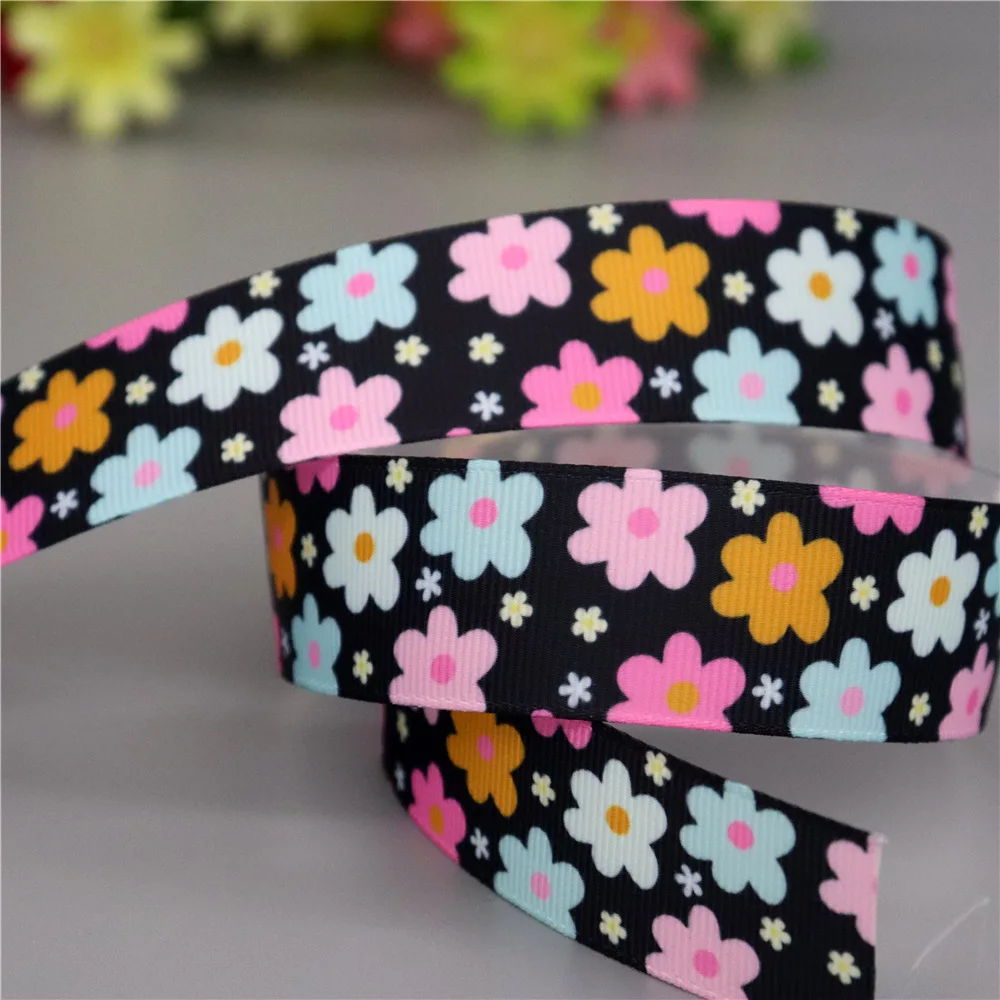 DHK 7/8\'\' 5yards Floral Flower Printed Grosgrain Ribbon Accessories Headwear Decoration Collar DIY Sewing Craft C2628