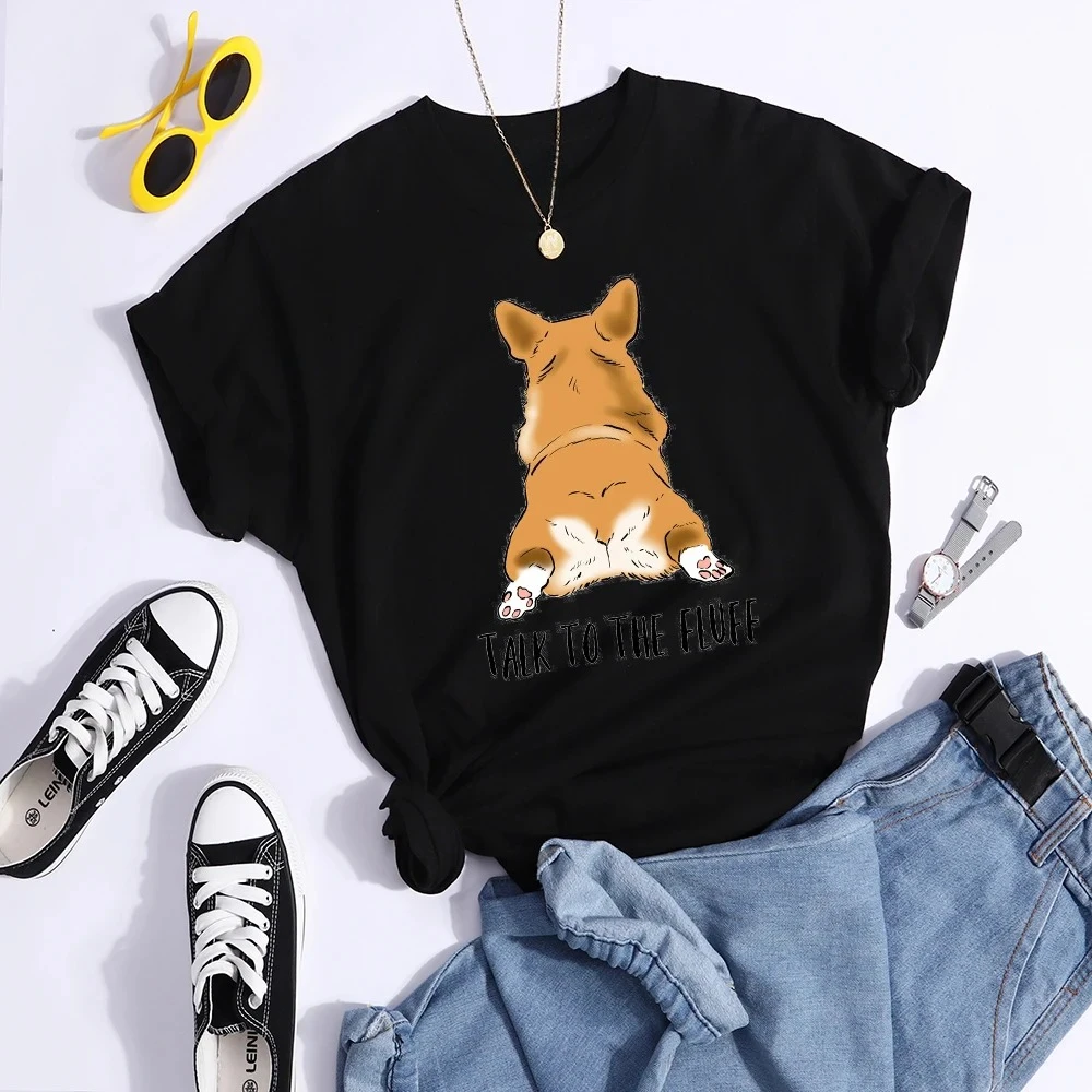 

Talk To The Fluff Kawaii Corgi Женская футболка с принтом Летняя удобная футболка Уличные топы в стиле хип-хоп Футболка Дышащий крутой топ