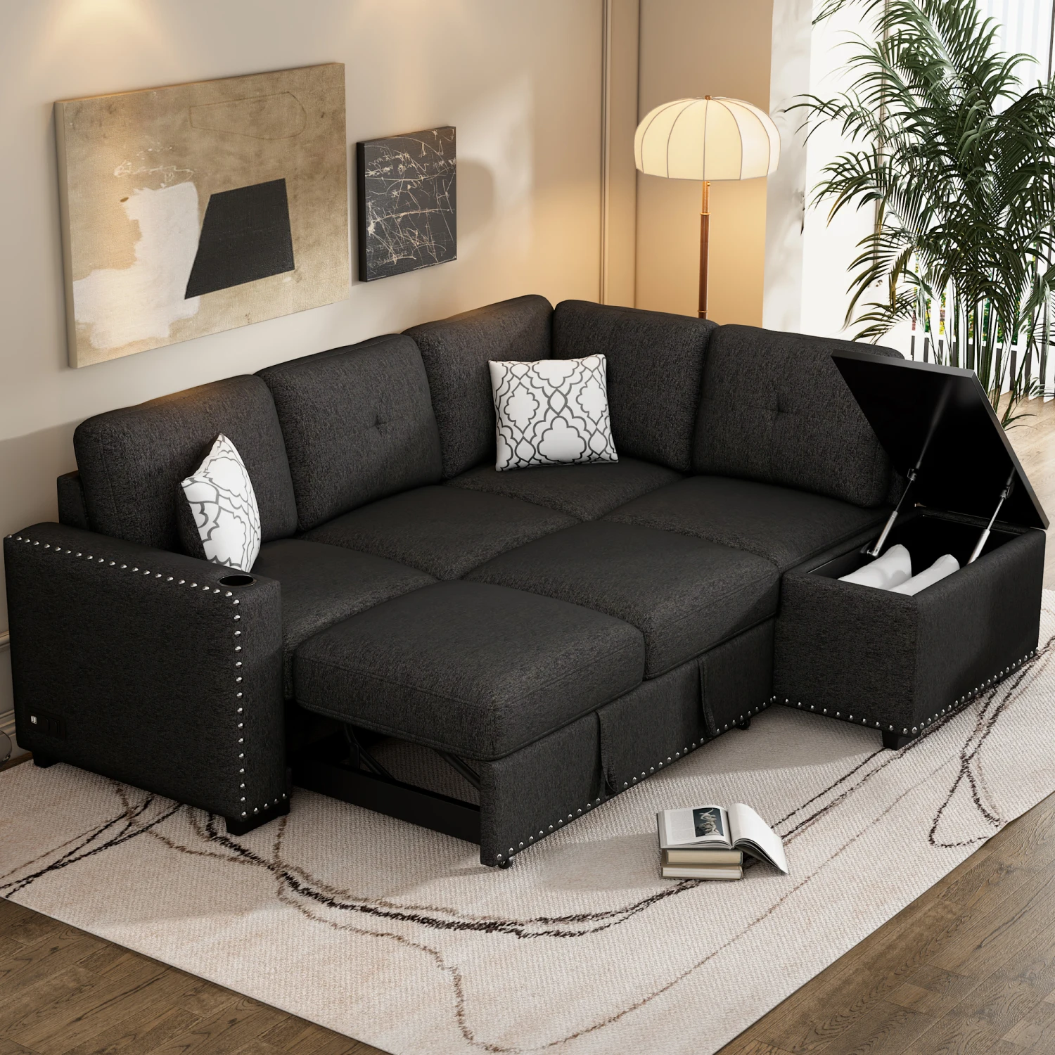 

L-Shaped Sectional Pull-Out Sofa Bed with Storage Chaise, USB Ports, Power Sockets, Cup Holder in Black - Ideal for Living Room,