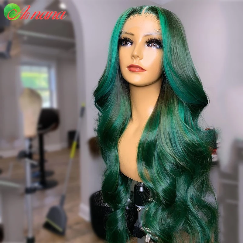 Cor verde escuro onda do corpo laço transparente brasileiro perucas de cabelo humano pré-arrancadas 13x4 peruca frontal do laço remy destaques perucas