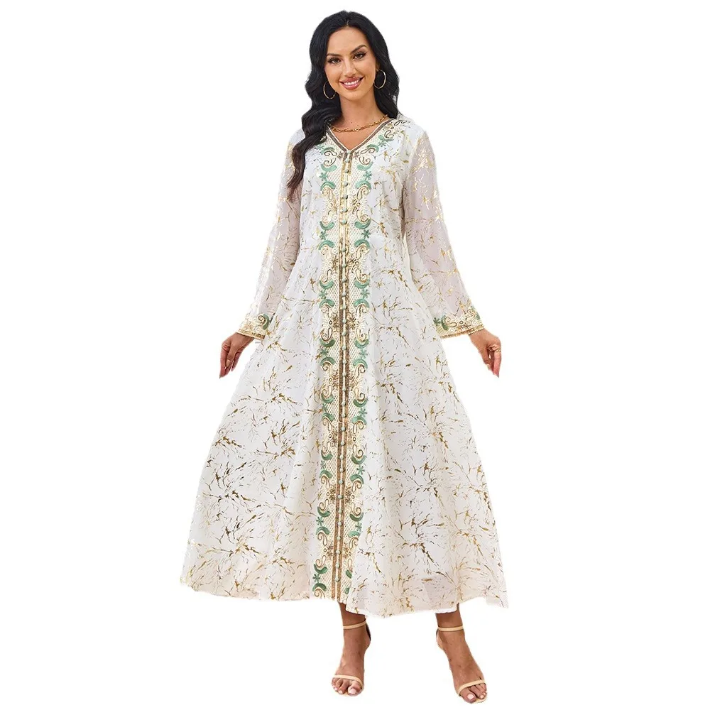 Großhandel Neue Ankunft Elegantes Langarm-Abaya-Kleid mit V-Ausschnitt für Frauen Erwachsene Polyester Vintage-Stil für den Sommer