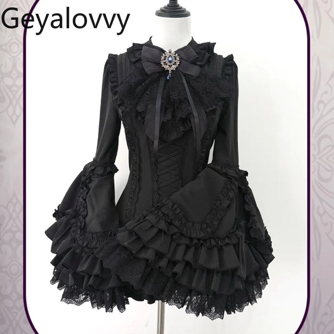 

Black Waist-Cinching Gothic Style Top Lace Lolita Long Sleeve Inner Wear Autumn Winter Slim Fit Shirt and High Waist Skirt Set
