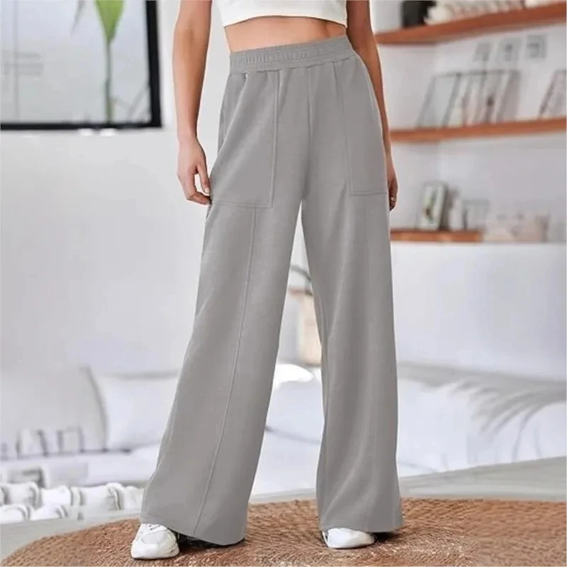 

Elastic Waist Loose Casual Wide Leg Trousers Women's Spring Summer Versatile High Waist Office Commuting Pocket Solid Color Pant