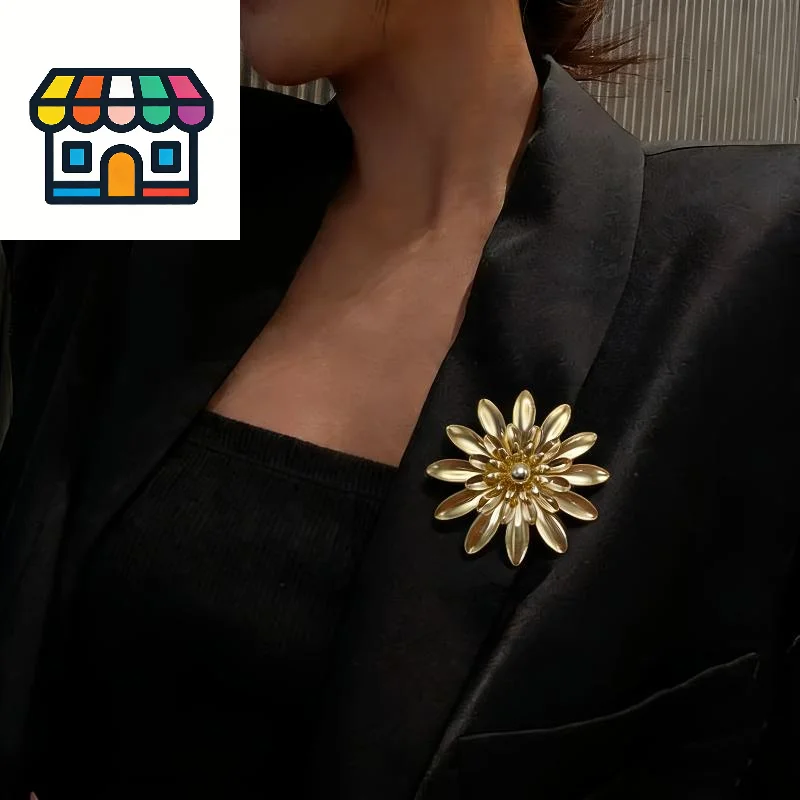 Vintage Gold Tone Brooch - Oversized High Heel Flower Lapel Pin for Women Suit Coat Jewelry