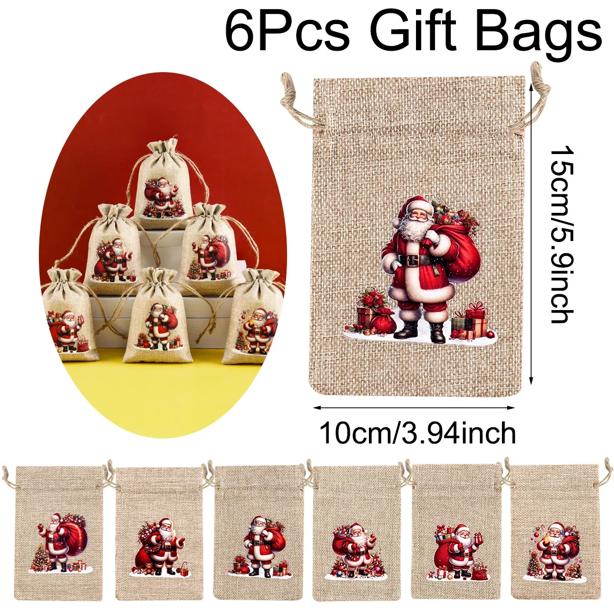 6pcs Christmas Drawstring Gift Bags Santa Claus Designs Burlap Storage Bags Christmas Decorations 2026 Festive Party Supplies