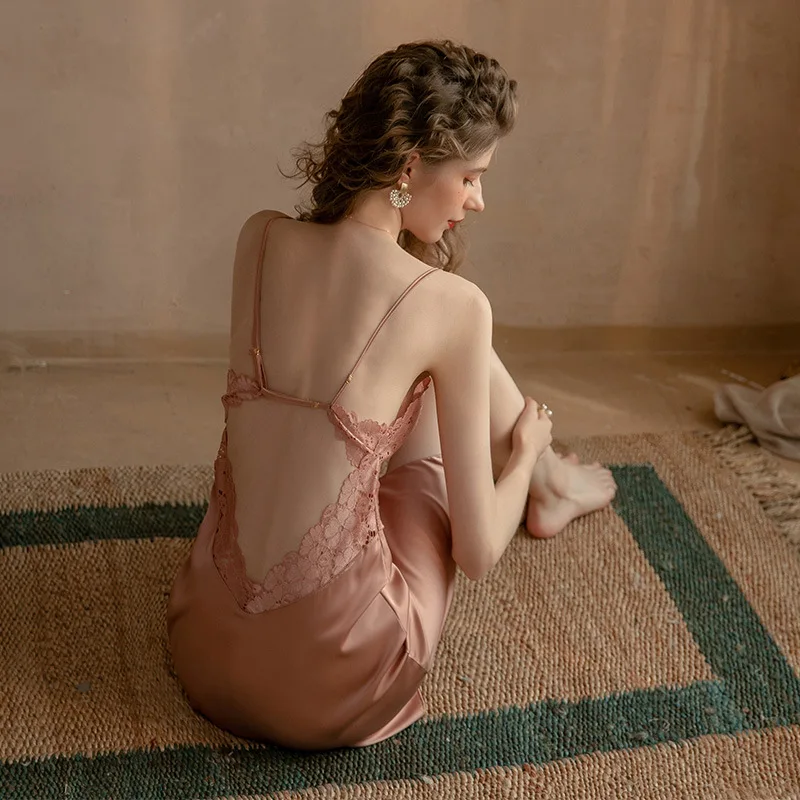 Ice silk sexy pajamas women's spring and autumn suspender nightdress new simulation silk summer lace home clothes