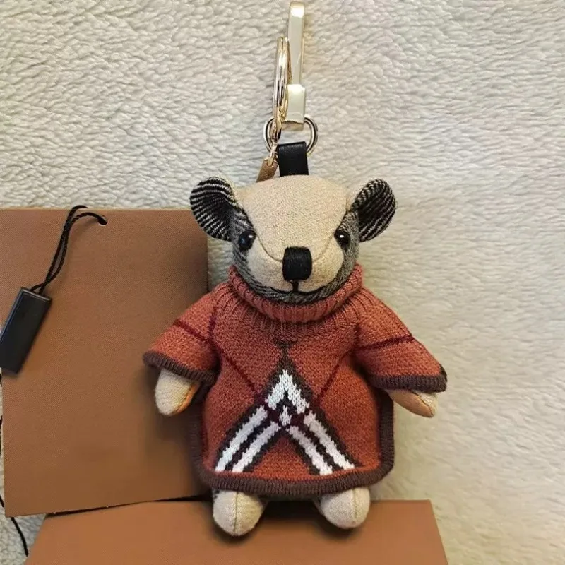 Rhinestone Ear Teddy Bear Charm Cashmere Plaid Car Keychain Bag Pendant Cute Plush Doll Holiday Gift Women Men