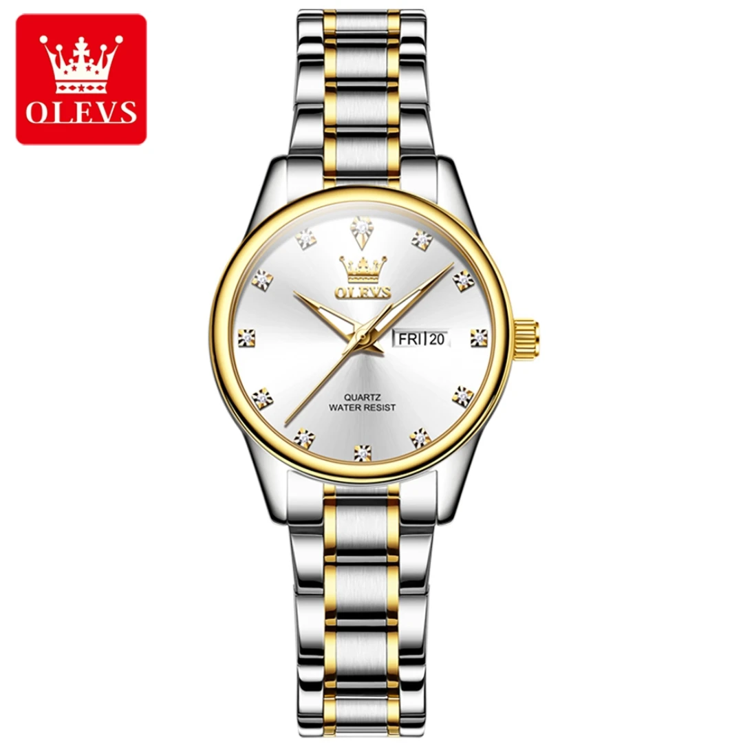 

OLEVS 3612 Fashion Quartz Watch Gift Stainless Steel Watchband Round-dial Wristwatch Week Display Calendar Luminous