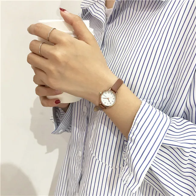 Simple Retr Women Brown White Small Watches Versatile Thin Strap Leather Band Ladies Quartz Watch Wristwatch Clock reloj mujer