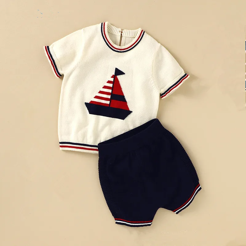 Baby Clothes Infant Boy Knitted Clothing Sets Kids Spanish Boutique Costume Set Summer Toddler Shirt Shorts 2PCS Suit Boys Party