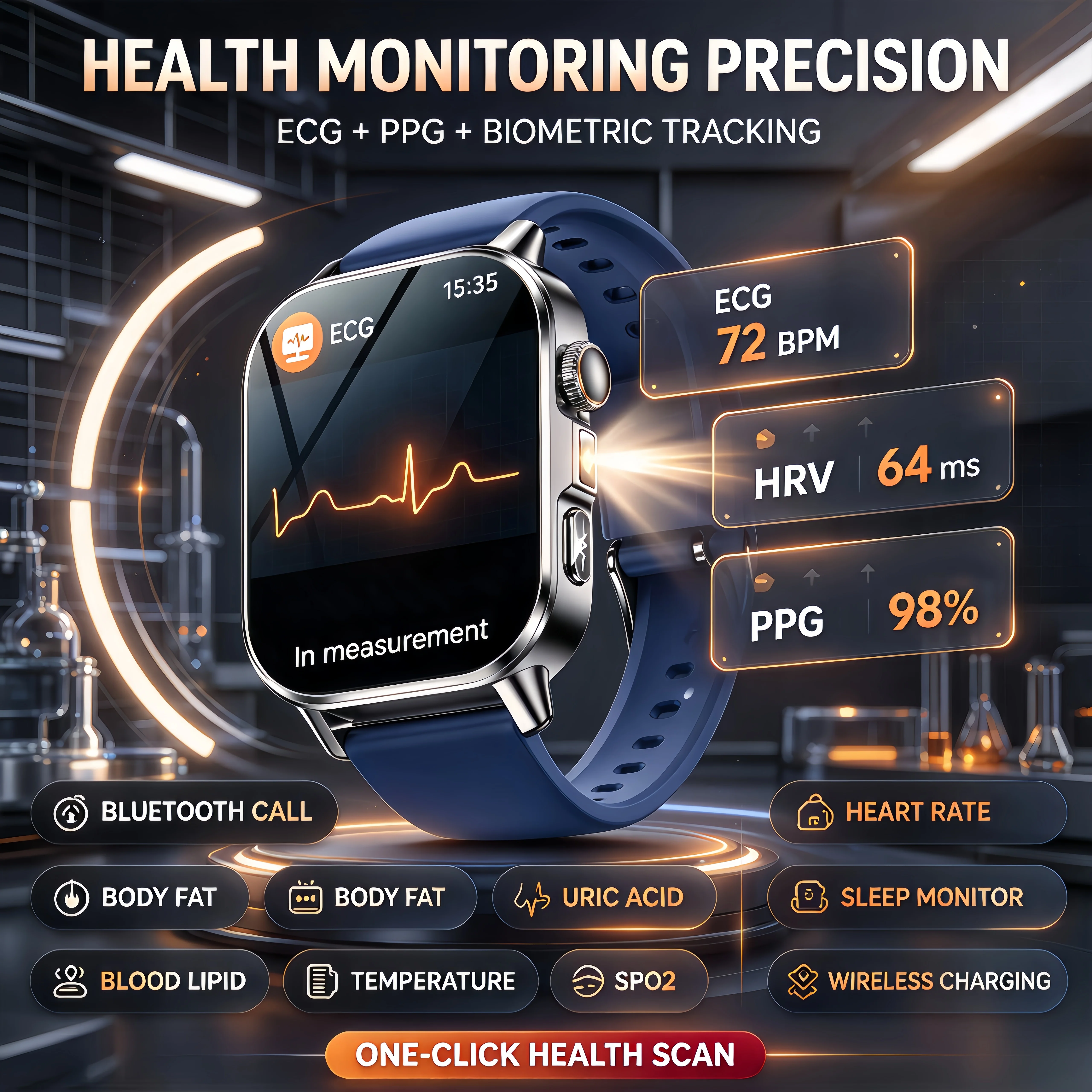 Men's Nursing Grade Smart Watch with ECG+PPG Health Diagnose Blood Pressure Lipid Uric Acid NFC Body Analysis Tracker