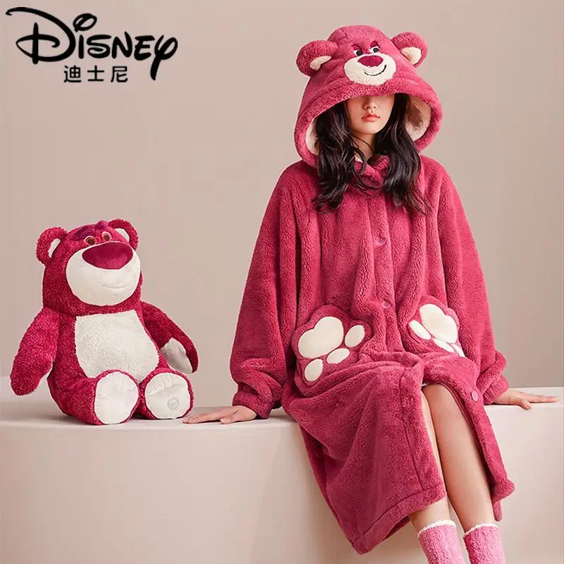 

Disney New Strawberry Bear Women Pajamas New Cartoon Hooded Winter Nightwear Thick Coral Velvet Kawaii Couple Sleepwear Clothes