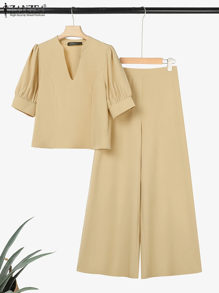 

ZANZEA Stylish Wide Leg Pants Two Piece Outfits Woman Fashion Streetwear V-Neck Short Puff Sleeve Blouses 2 Piece Sets Pant Sets