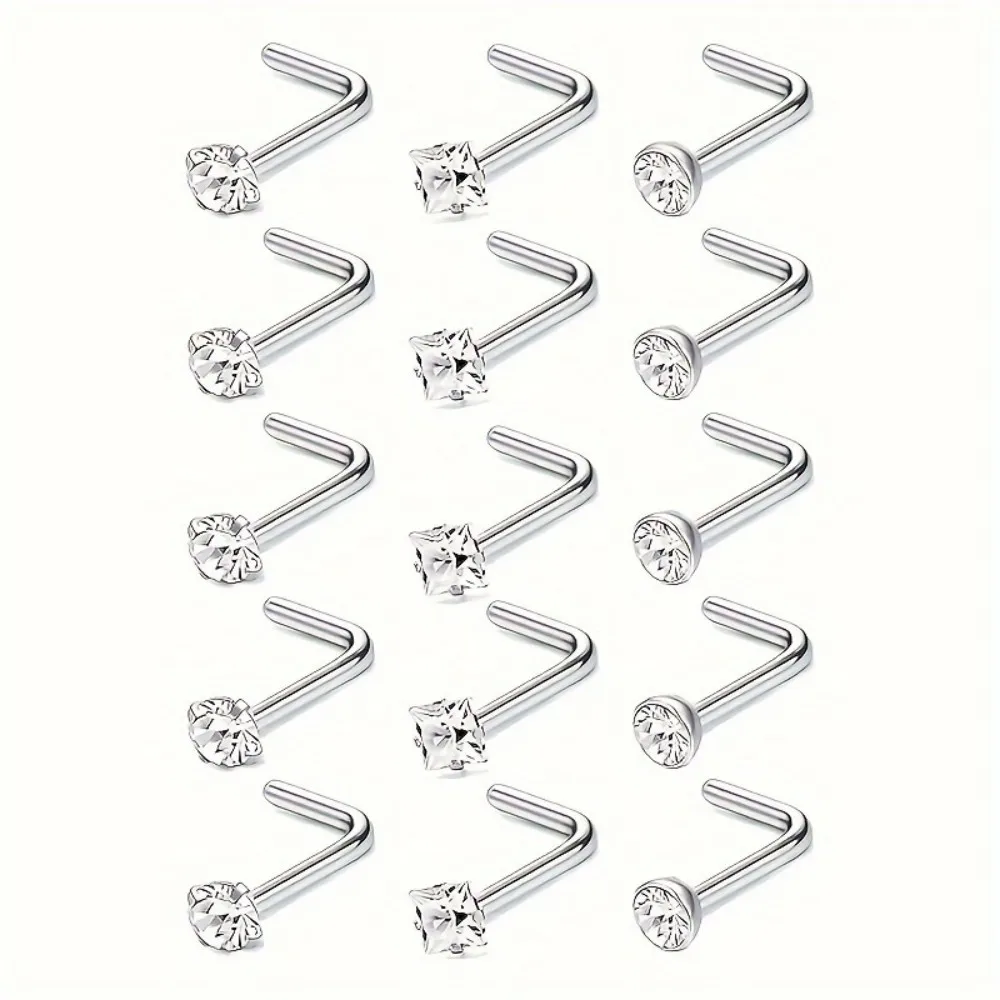 15 Pieces of Hypoallergenic Stainless Steel L-Shaped Zirconia Nose Rings Suitable for Men and Women for Everyday Wear