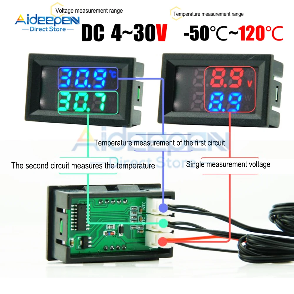 DC 4-30V LED Display Dual Digital Voltmeter Temperature Sensor Thermometer Voltage Tester With NTC 3950 Probe Cable -50~120℃