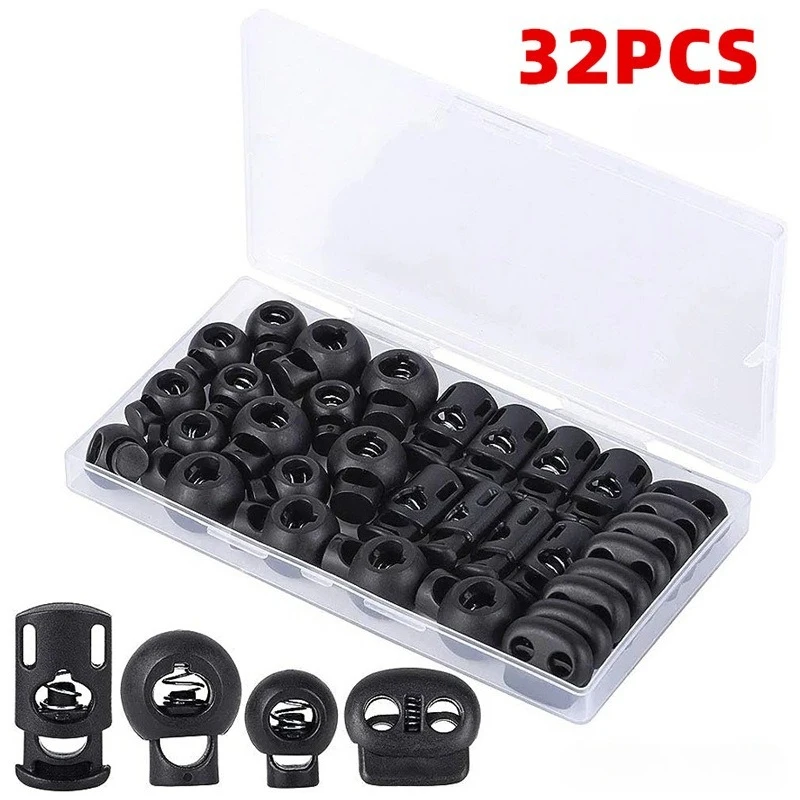 32 Stück schwarze Kordelschlösser aus langlebigem Nylonmaterial, große Kordelschlösser, Kleidungskabel-Einstellknopf