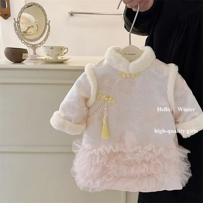 

Платье HanFu Cheongsam для девочек, осень-зима 2026, новогоднее детское плюшевое плотное платье принцессы в стиле вестерн, детская одежда